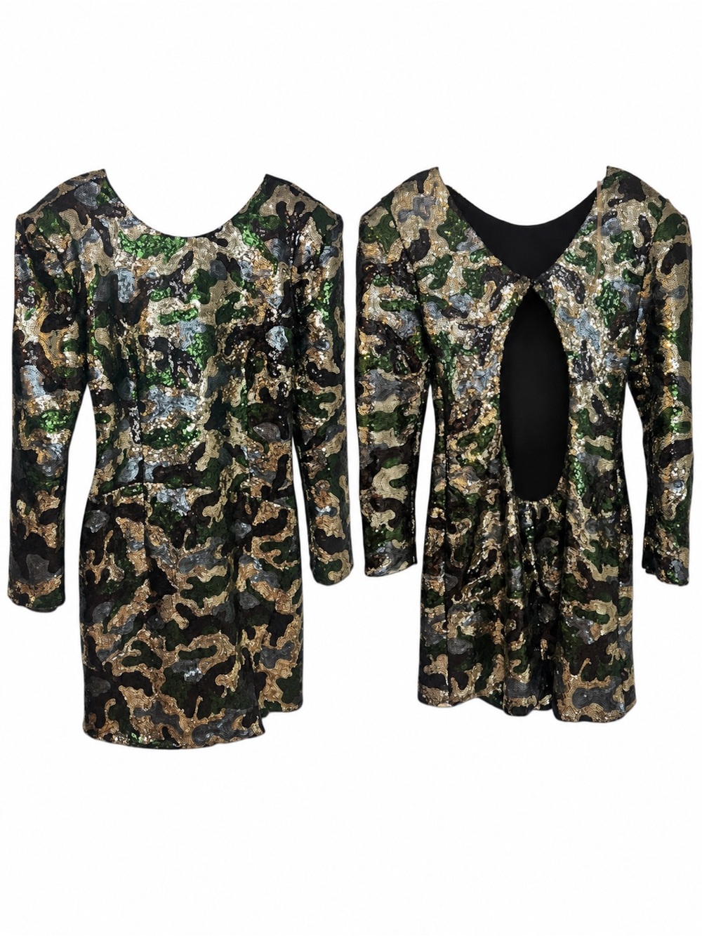 DUNDAS Sequin Camouflage Open Back Mini Dress US 6 IT 42 Luxury Glam Avant Garde